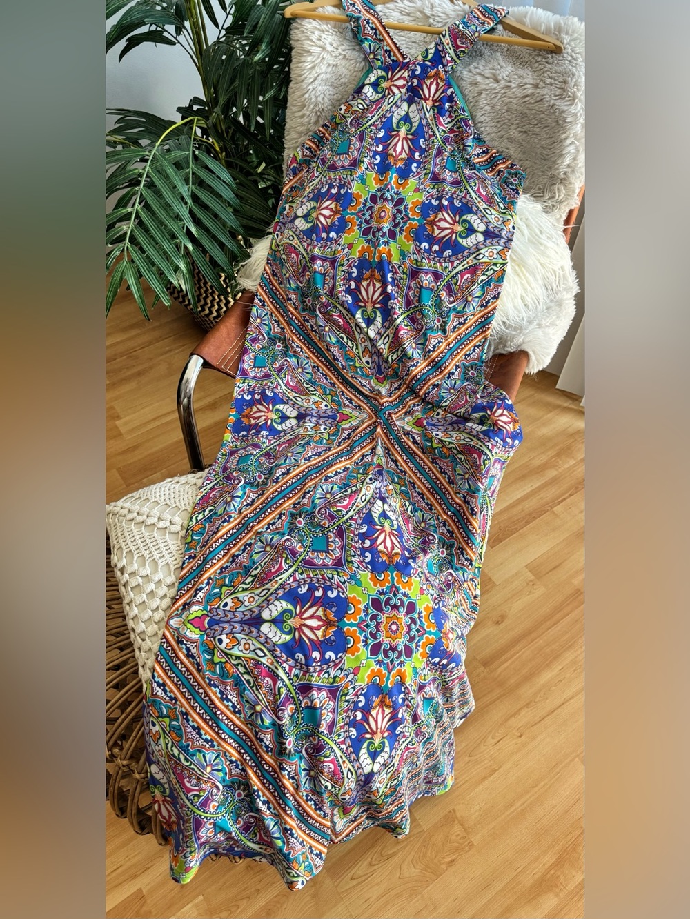 CUPIO Paisley Halter Maxi Dress Blue & Multicolor Large